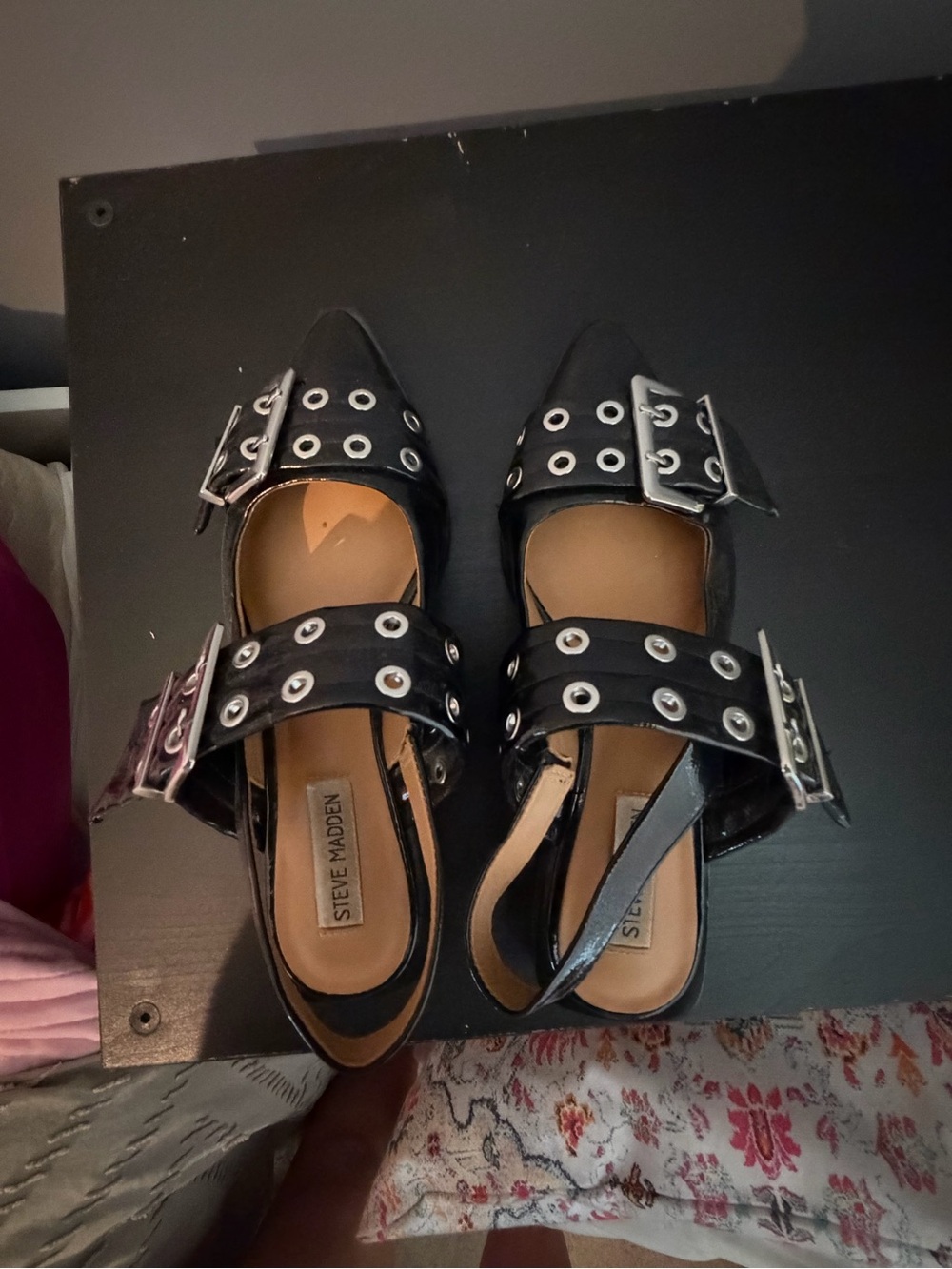 Steve Madden Black Pointed Slingback Flats with Grommet Straps and Buckles